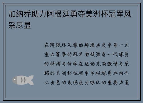 加纳乔助力阿根廷勇夺美洲杯冠军风采尽显 加纳乔助力阿根廷勇夺美洲杯冠军风采尽显